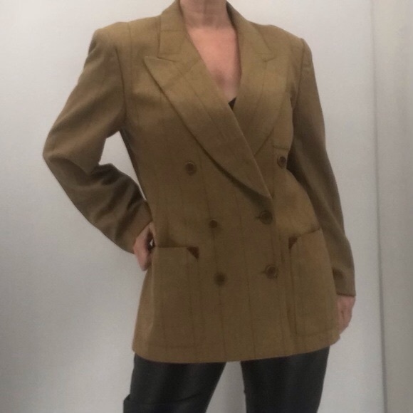 Escada Vintage 80’s Cashmere Wool Plaid Suede Leather Double Breasted Blazer - Picture 1 of 16